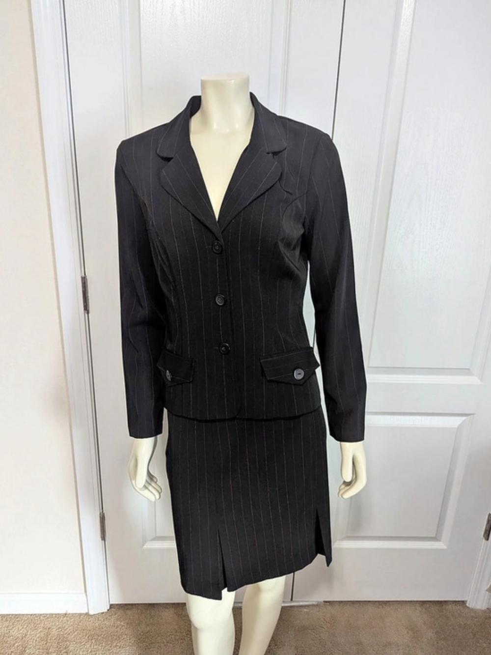 My Michelle Red and White Pinstripe Skirt Suit in Black